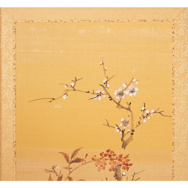 1960s Showa Era Japanese Painted Panel "Sakura and Flowers" on Gold Silk Background For Sale - Image 4 of 18