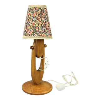 Mid-Century Adjustable Wooden Table Lamp with Floral Shade, Czechoslovakia, 1970 For Sale