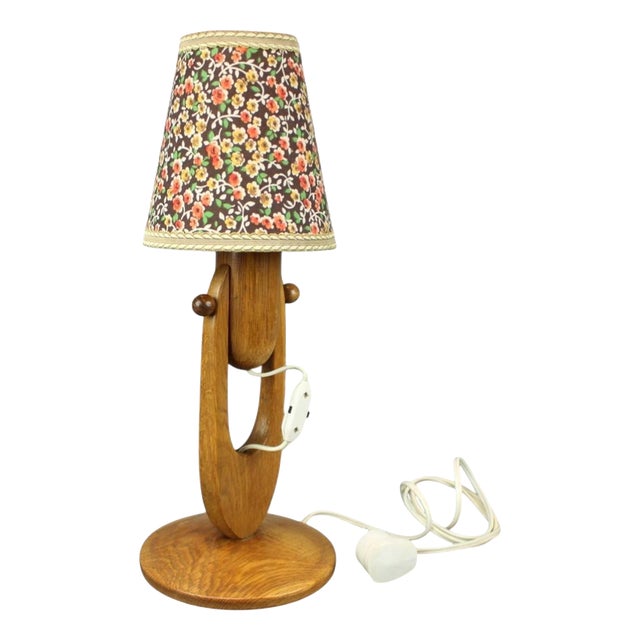 Mid-Century Adjustable Wooden Table Lamp with Floral Shade, Czechoslovakia, 1970 For Sale