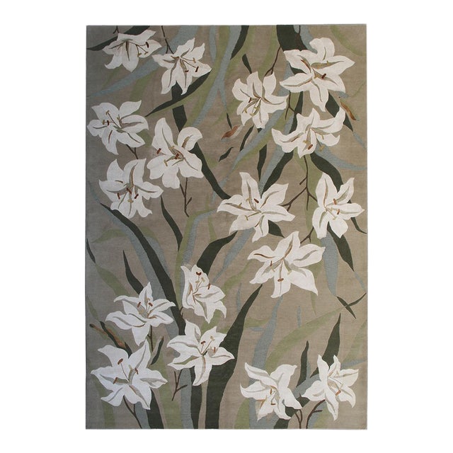 Hand-Knotted Tibetan Wool & Silk Rug | 6x9 Green & White Floral Accent Rug For Sale