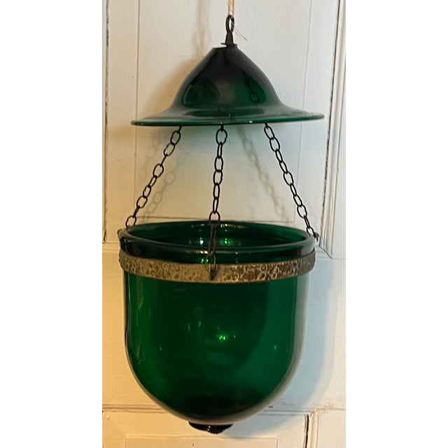 Large Antique 19th Century American Federal Emerald Green Blown Glass Bell Jar Hall Lantern With Witch's Hat Smoke Shade For Sale - Image 11 of 11
