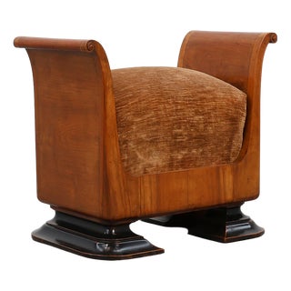 Art Deco Walnut Stool with Velvet Upholstery, Italy, 1920s For Sale