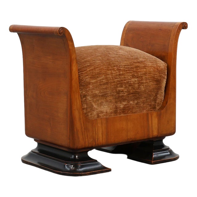 Art Deco Walnut Stool with Velvet Upholstery, Italy, 1920s For Sale