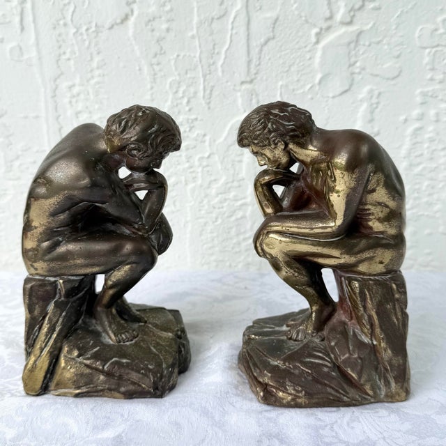 Vintage Brass Bookends “The Thinker” - A Pair For Sale - Image 4 of 6