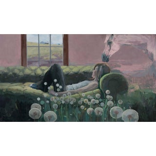Corner of Your Lovesong by Shelli Langdale | Oil on gallery canvas Woman resting on a couch with a horse nearby. For Sale