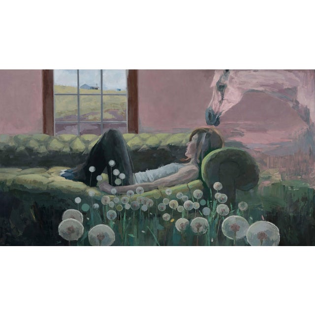 Corner of Your Lovesong by Shelli Langdale | Oil on gallery canvas Woman resting on a couch with a horse nearby. For Sale