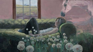 Corner of Your Lovesong by Shelli Langdale | Oil on gallery canvas Woman resting on a couch with a horse nearby.