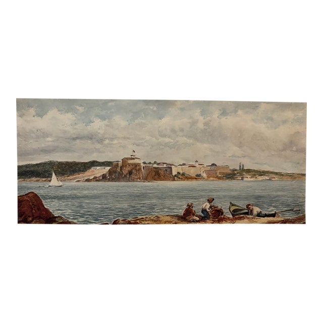 Early 20th Century Frank Henry Mason Signed Original Watercolor Coastal Fortress Sailboat Figures Seascape For Sale