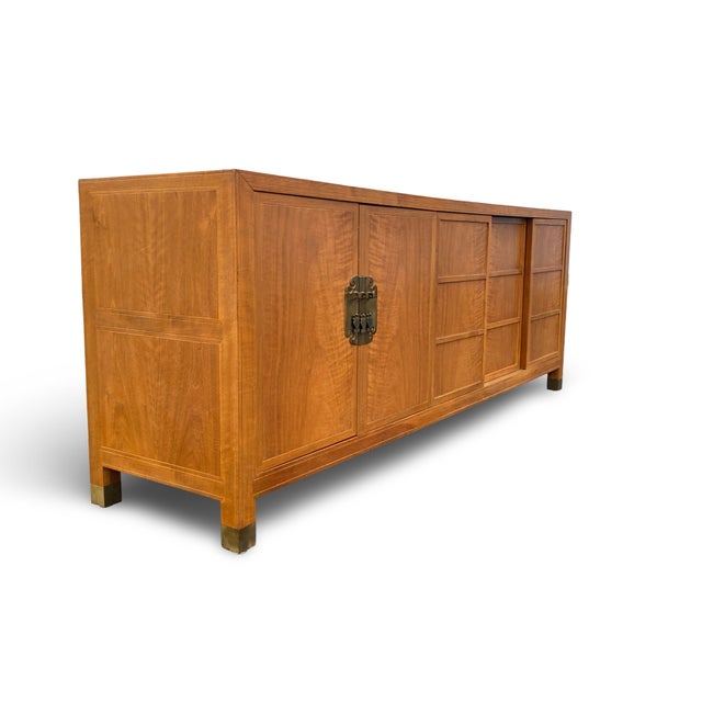 Mid-Century Modern Vintage Baker Furniture Figured Walnut Brass Mounted Credenza Sideboard - Attributed to Frank Van Steenberg For Sale - Image 3 of 18