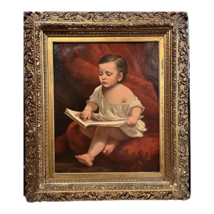 19th Century Painting of Young Boy Reading