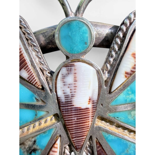 Metal Vintage Navajo Style Sterling Silver Turquoise & Spiny Oyster Butterfly Cuff Bracelet For Sale - Image 7 of 12