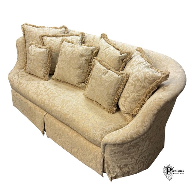 Wood Vintage Thomasville Traditional English Style Ivory Print Tufted Sofa For Sale - Image 7 of 11