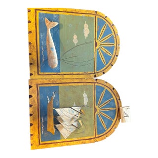 Vintage 1982 Curtis Jeré Wood & Metal Diptych Wall Sculptures - "The Schooner" & "Breaching Whale" Pair With Original Artisan House & Raymor Tags For Sale