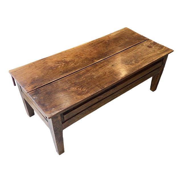 Rustic Farmhouse Coffee Table in Wood with Two Drawers, 1930s For Sale