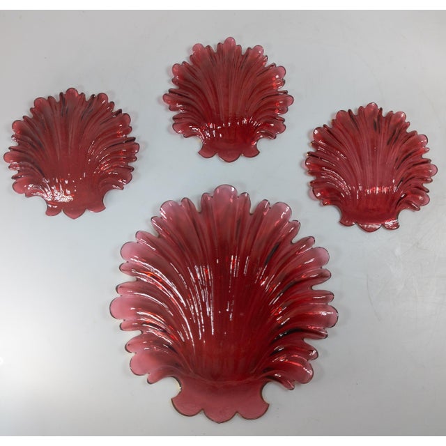 19th Century Group of Four Ruby Cranberry Red Shell Form Nut Dishes For Sale - Image 9 of 14