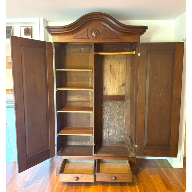 Antique French “Chapeau De Gendarme” Walnut Armoire, C. 1850s – Louis XV Rococo Revival Style For Sale In Portland, OR - Image 6 of 9