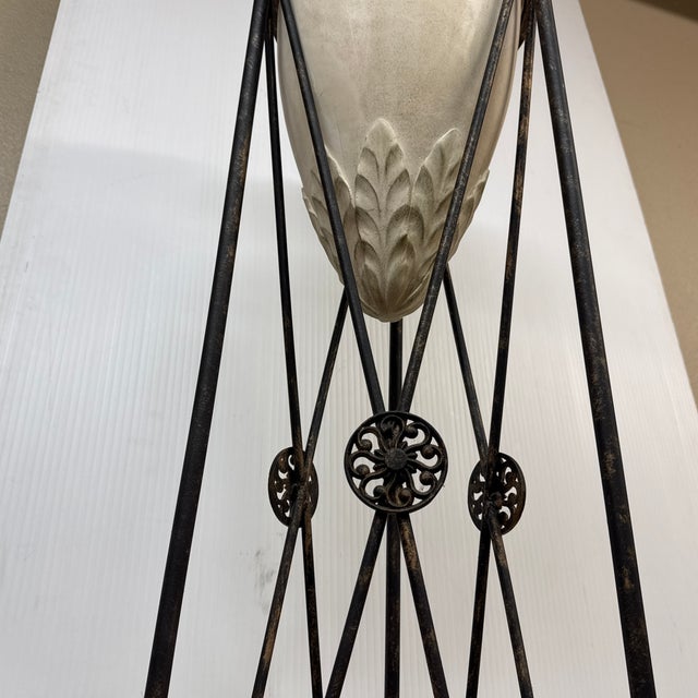 Regency Style Iron Plant Stand + Ceramic Urn, Set of Two For Sale - Image 11 of 12