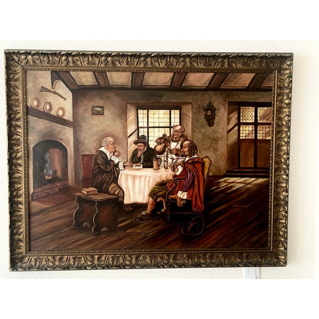 Wood Vintage 1943 Leota Humphrey Oil Painting on Board- Antique Dutch Tavern Scene - Ornate Gold Frame. For Sale - Image 7 of 18