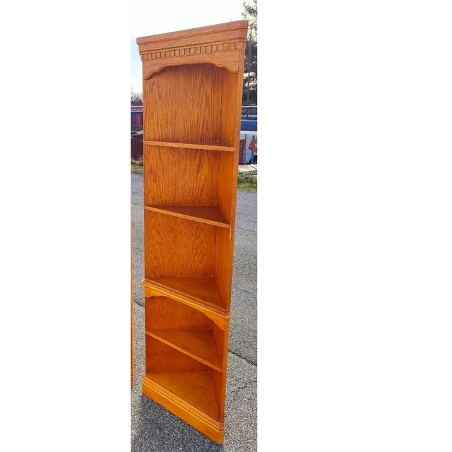 Vintage Traditional Style Solid Oak Corner Shelving Unit / Etagere. Two available.