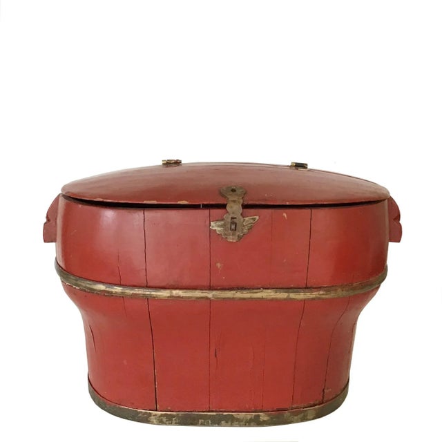 Vintage Chinese Red Painted Wooden Box With Lid & Brass Hardware For Sale - Image 10 of 10