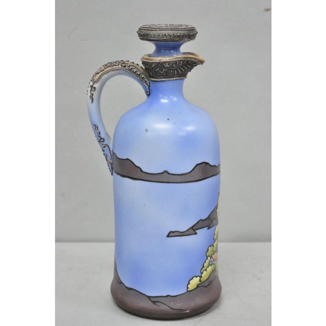 Antique Nippon Hand Painted Blue Halloween Pattern Porcelain Wine Jug W/ Cork For Sale - Image 11 of 18