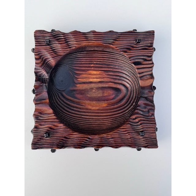 Striking vintage hand-carved wood catchall bowl, likely dating to the 1970s, featuring dramatic layered carving and a...