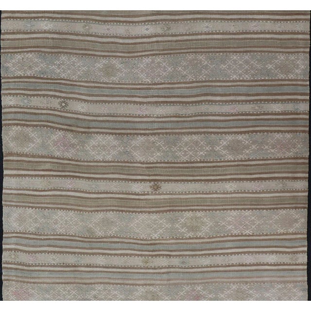 Vintage Turkish Kilim Rug in Soft Taupe, Beige, and Pale Blue Striped Design For Sale - Image 4 of 12