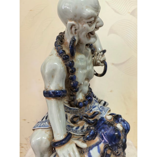 Ceramic Chinese Vintage Ceramic Buddhist Sculpture,Hand Carved Blue and White Porcelain the Eighteen Arhats Statue For Sale - Image 7 of 9