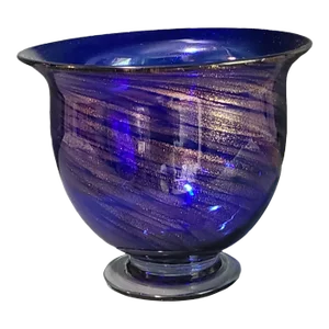 Late 20th Century Attributed Murano Italy Hand Blown Art Glass Cobalt Blue Gold Dust Pedestal Vase Bowl