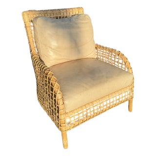 Palecek Aries Coastal Rattan Lounge Chair With Tan Upholstery For Sale