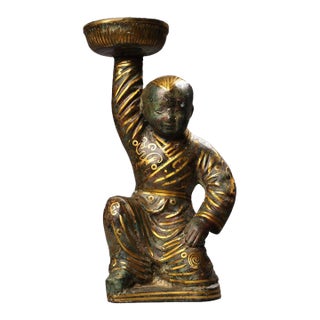 Vintage Bronze Oil Lamp With Gold Inlay - Kneeling Boy Figure For Sale