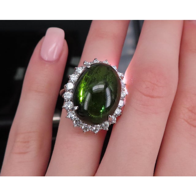 Green Late 20th Century Massive 26.18ct Green Tourmaline 1.83ct Diamond 18k White Gold Ring Size 4.75 For Sale - Image 8 of 18