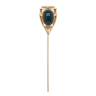 Antique Signed Brassler & Co. Art Deco 14k Gold & Bloodstone Cabochon Stickpin For Sale