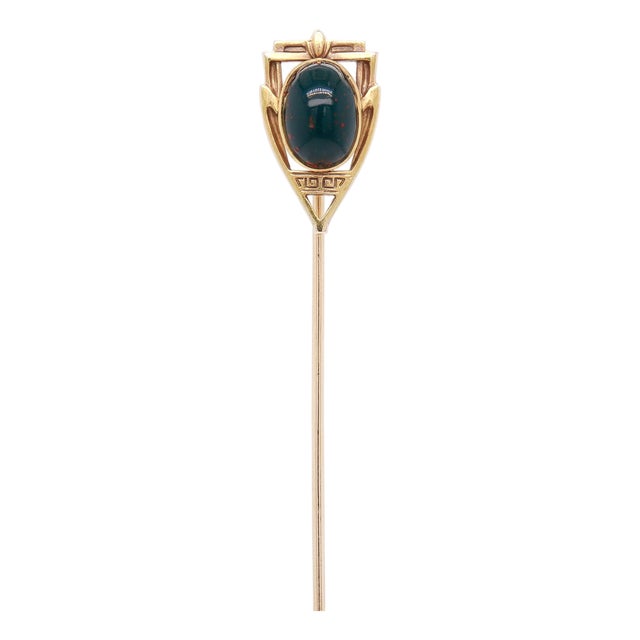 Antique Signed Brassler & Co. Art Deco 14k Gold & Bloodstone Cabochon Stickpin For Sale