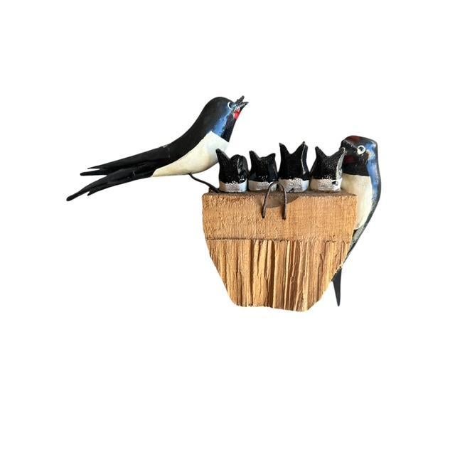 1950s Austrian Wood Carved Bird Swallows With Nest and Babies Folk Art For Sale - Image 5 of 6