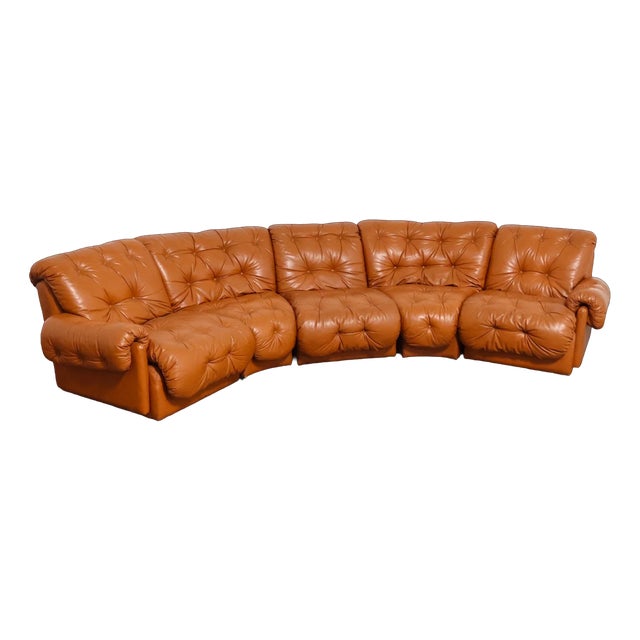 Modular Corner Sofa in Cognac Leather in the style of Afra and Tobia Scarpa, 1970s, Set of 5 For Sale