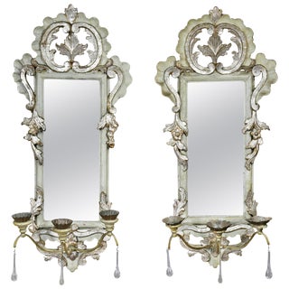 Italian Rococo Gray Painted and Silver Gilt Girandole Mirrors - a Pair For Sale
