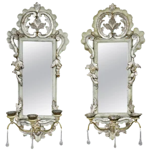 Italian Rococo Gray Painted and Silver Gilt Girandole Mirrors - a Pair