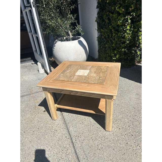 Vintage Wood Side Table With Inset Stone Top and Lower Shelf For Sale - Image 17 of 17