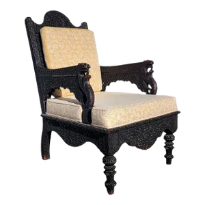 Anglo Raj Carved Rosewood and Upholstered Fortuny Silk Armchair
