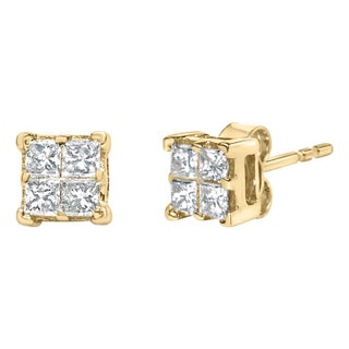 14K Yellow Gold 1/2 Cttw Invisible Set Princess Diamond Composite Square Stud Earring (K-L Color, SI1-SI2 Clarity) For Sale
