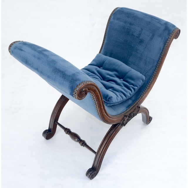 Rococo French Carved Wood Scissor Shape Blue Velvet Upholstery Bench For Sale - Image 3 of 13