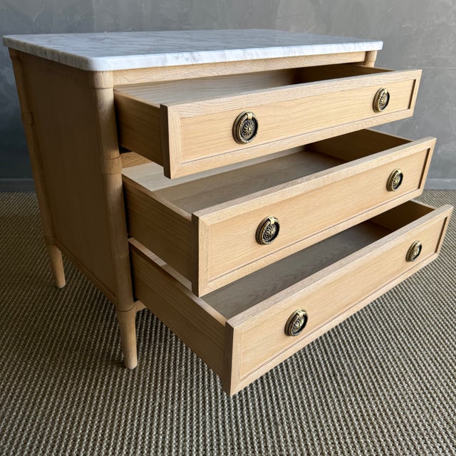 Marie Classic White Oak 3 Drawer Night Stand White Marble Top Natural Finish For Sale - Image 14 of 15