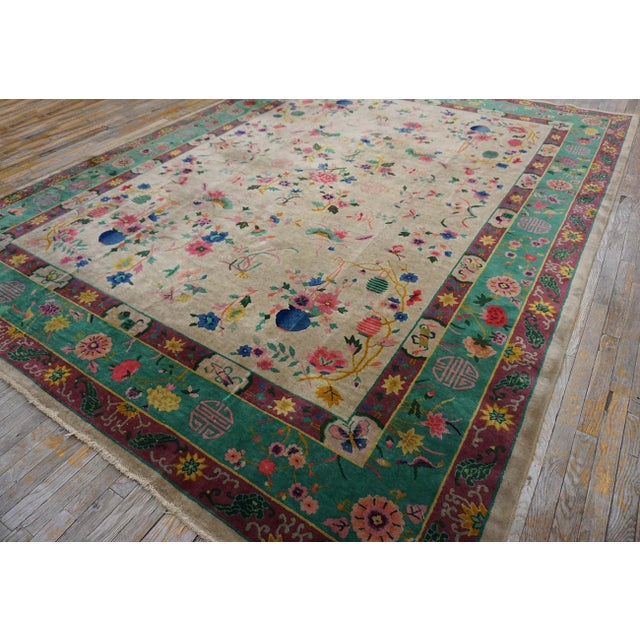 Textile 1920s Ivory Green Floral Modern Antique Chinese Art Deco Rug 9'2" X 11'7" Handknotted Wool Carpet For Sale - Image 7 of 15