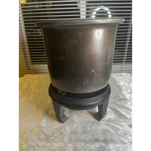 Wood Antique Chinese Bronze Tripod Censer Planter - Carved Wood Stand & Lid - 10" For Sale - Image 7 of 9