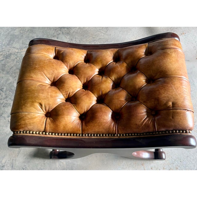 Coffee Cora 1920 English Mahogany Chesterfield Leather Stool For Sale - Image 8 of 11
