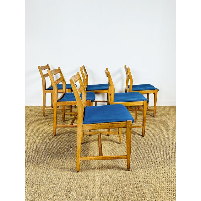 Vintage Dining Chairs in Oak and Blue Fabric, 1960s, Set of 6 For Sale - Image 6 of 16