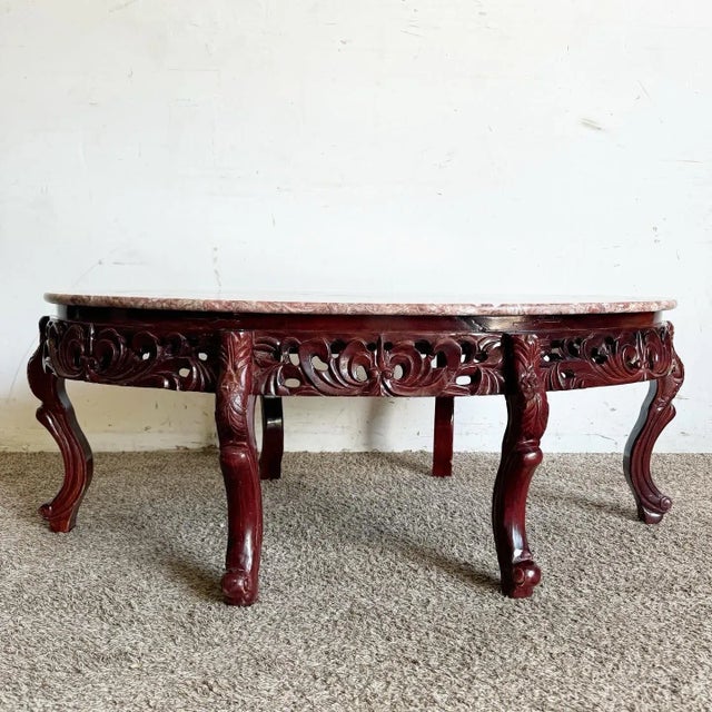 Chinese Chinese Rosewood Hand Carved Pink Marble Top Oval Coffee Table For Sale - Image 3 of 8