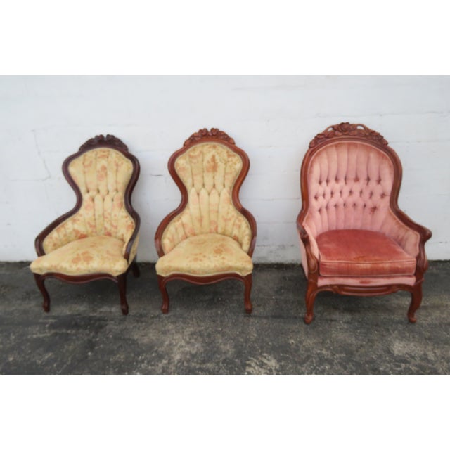 Mid 20th Century Victorian Kimball Carved Mahogany Sofa and 3 Chairs Set of Four 6220 For Sale - Image 5 of 18