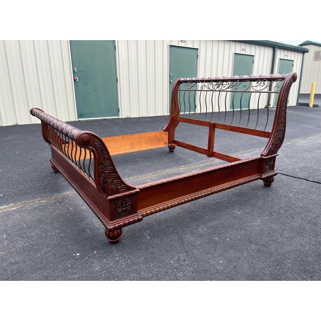 King Size Wrought Iron and Cherry Sleigh Bed Frame For Sale - Image 6 of 12